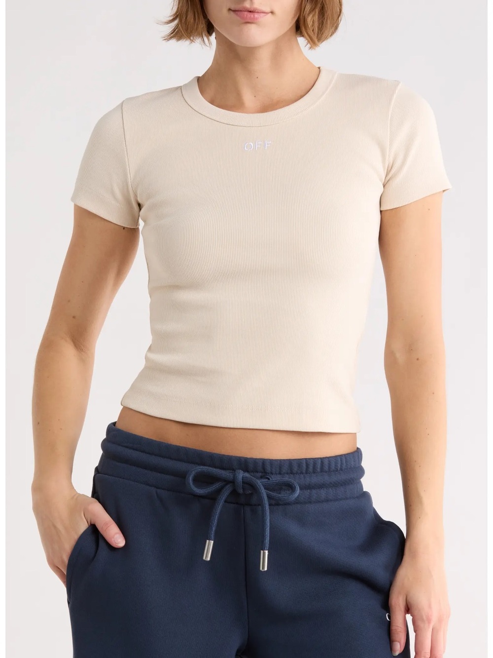 Off-White Cream Ribbed Crop Tee with Subtle Logo